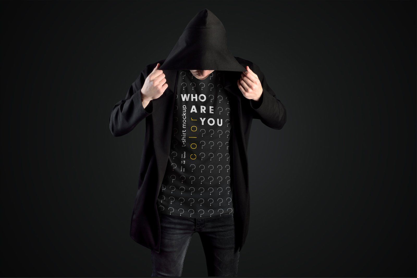 11 Mockups Man T-Shirts in a Black Hood Mantle