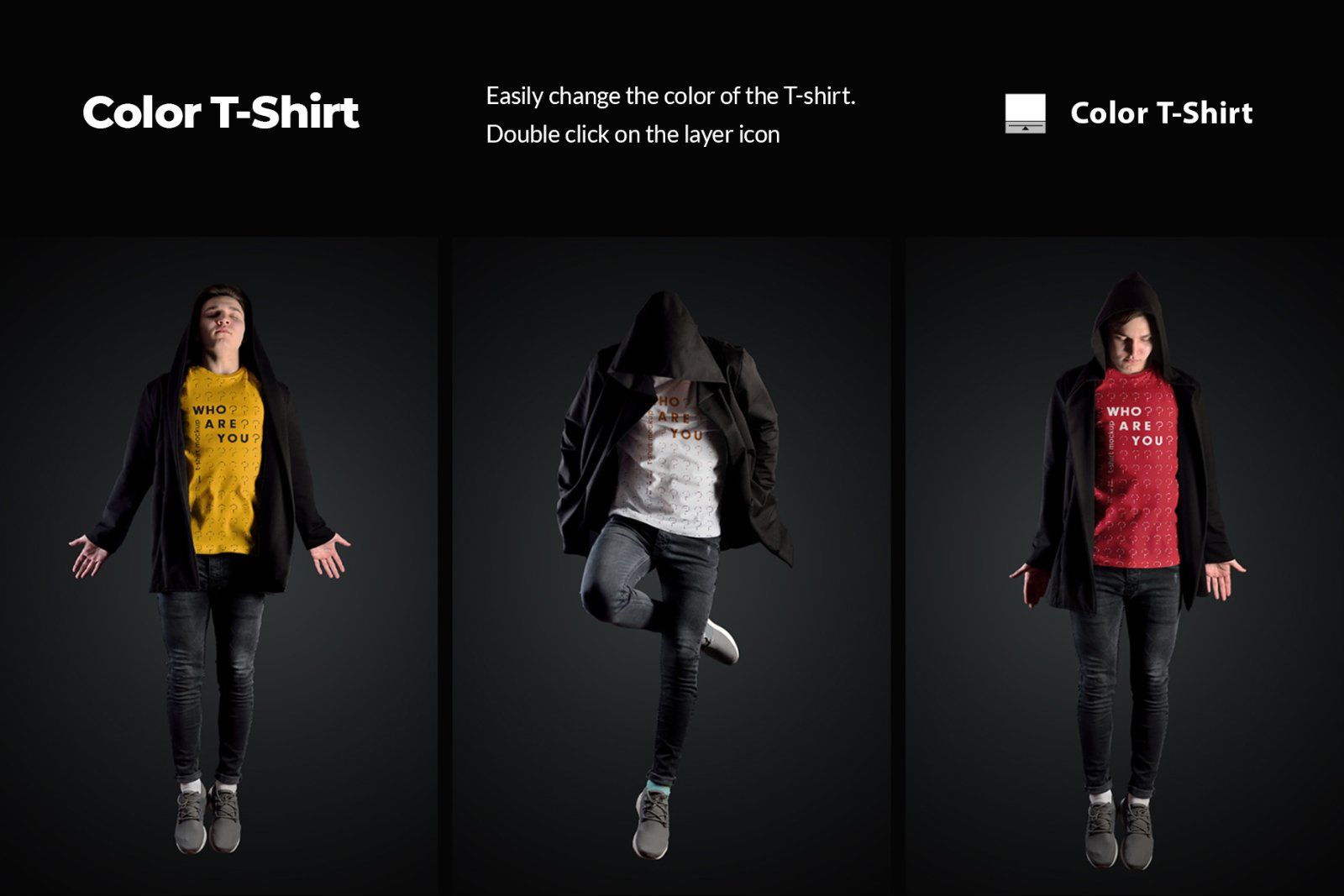 11 Mockups Man T-Shirts in a Black Hood Mantle
