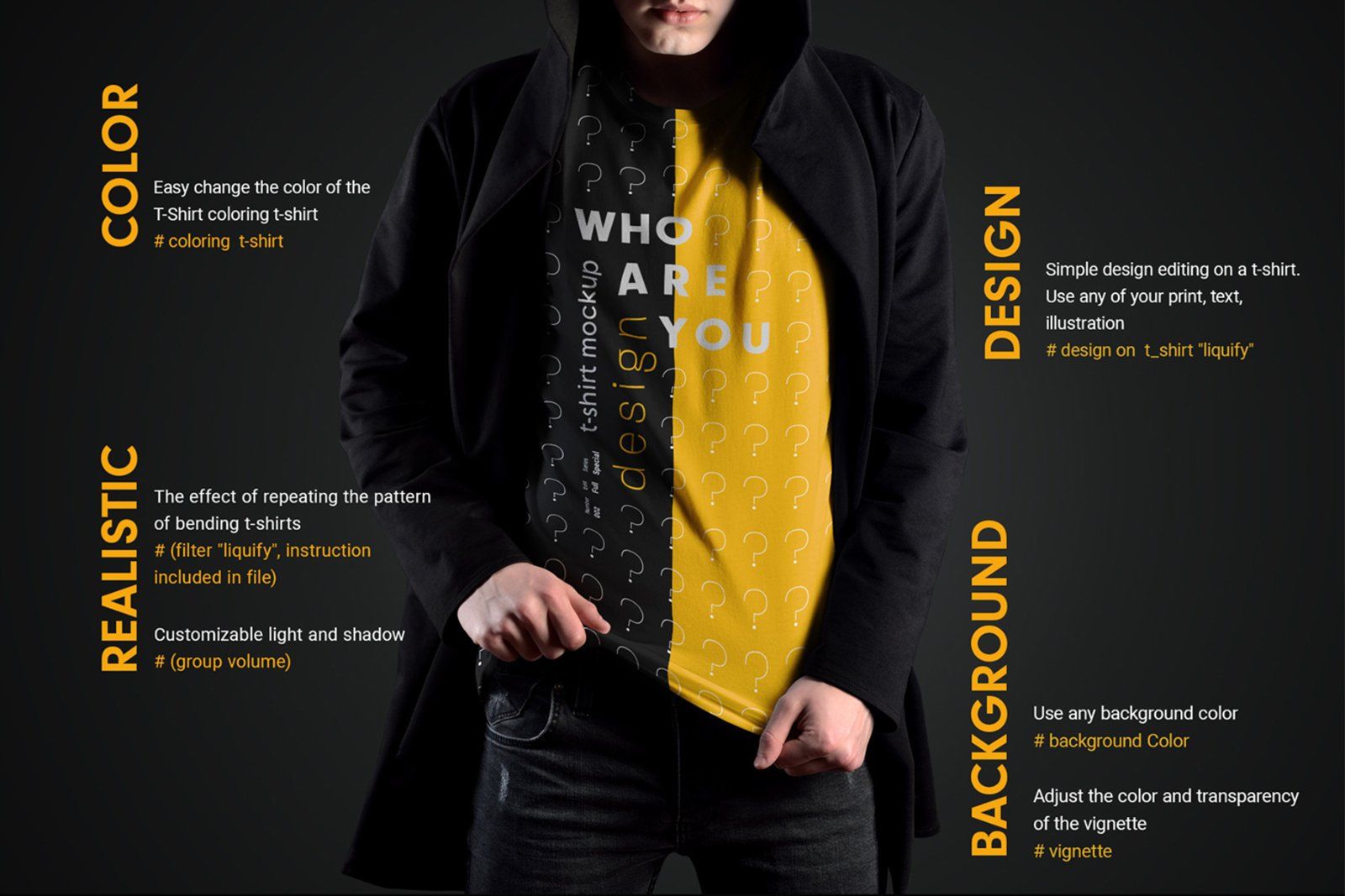 11 Mockups Man T-Shirts in a Black Hood Mantle