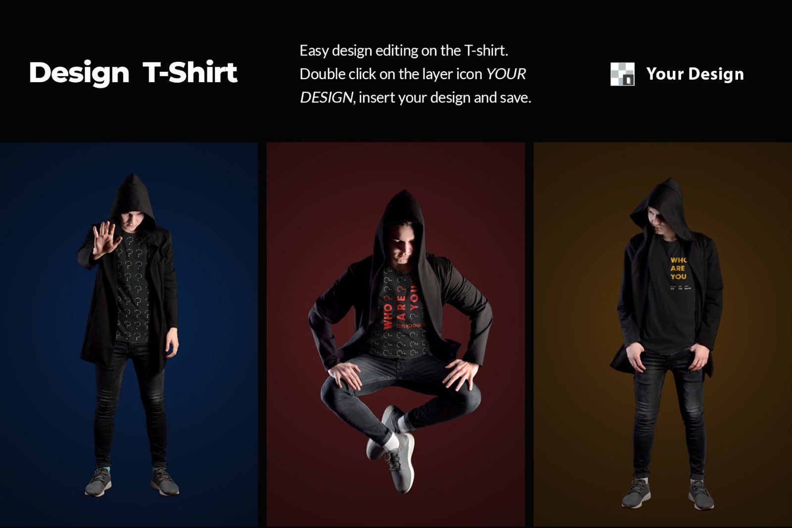 11 Mockups Man T-Shirts in a Black Hood Mantle