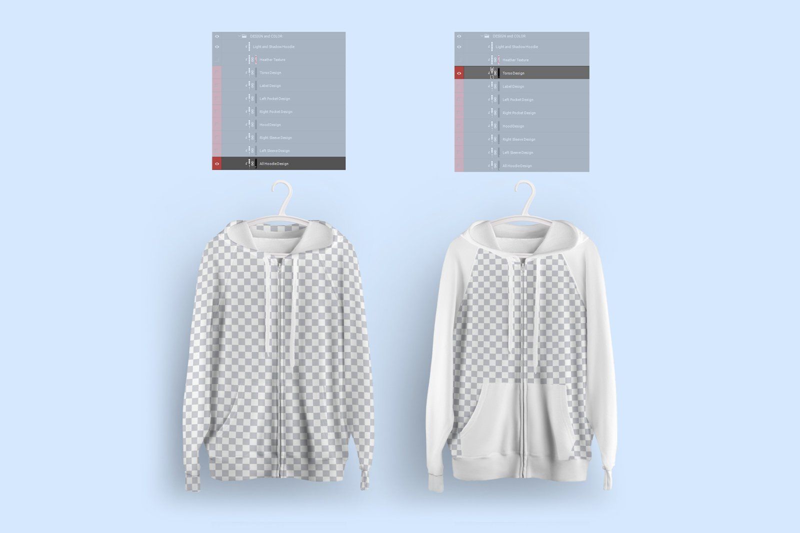 Front and Back Zip Hoodie Mockup On 6 Different Hangers — image 5