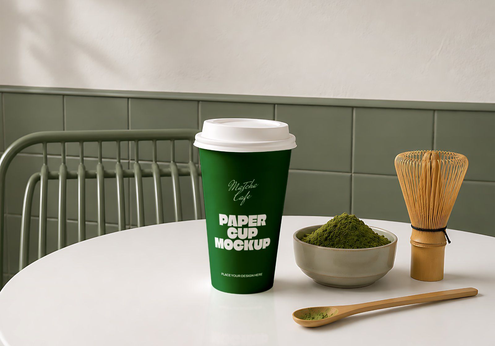 Premium Matcha Cafe Branding Mockup Bundle – 15 Aesthetic PSD Scenes for Tea House, Bakery & Packagi