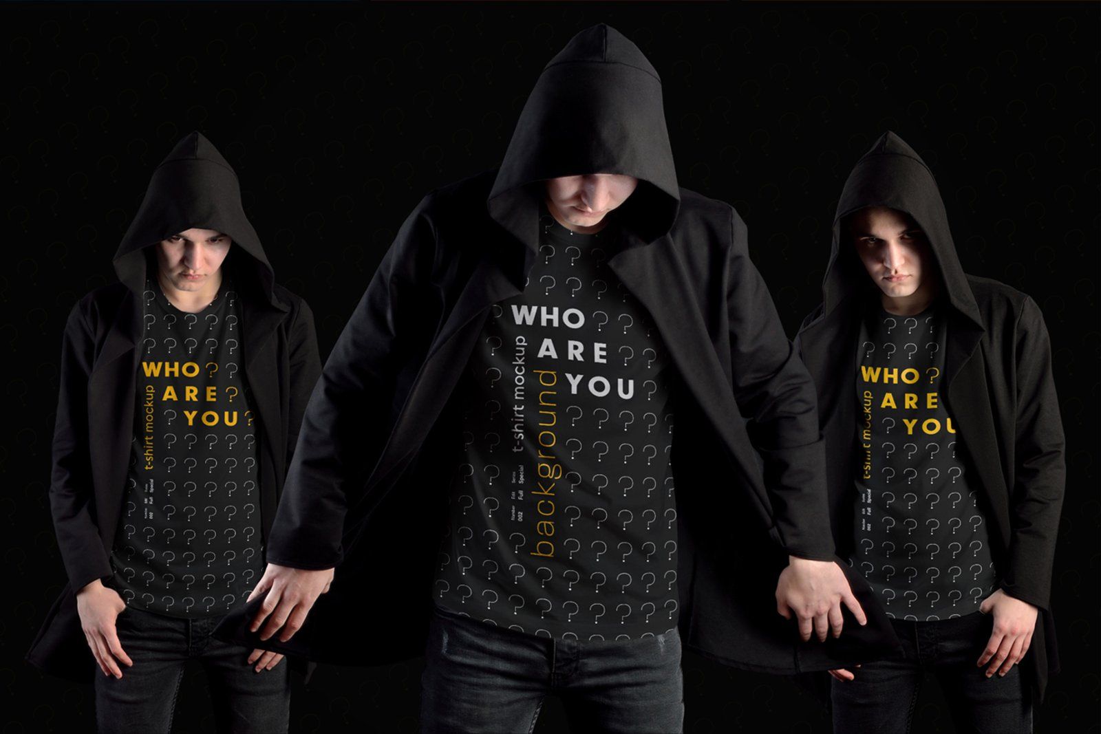 11 Mockups Man T-Shirts in a Black Hood Mantle