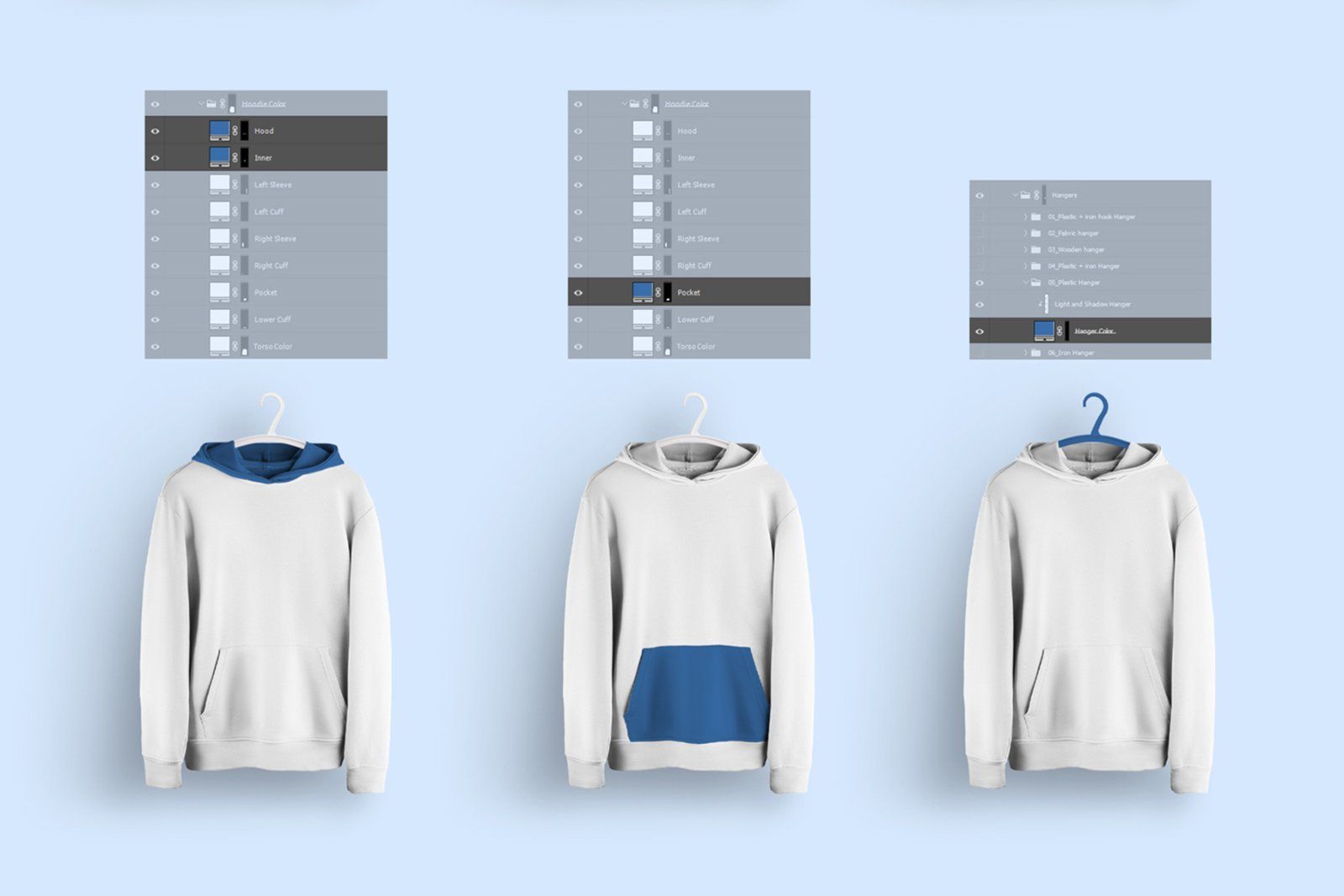 Front and Back Men Hoodie Mockup On 6 Different Hangers — image 6