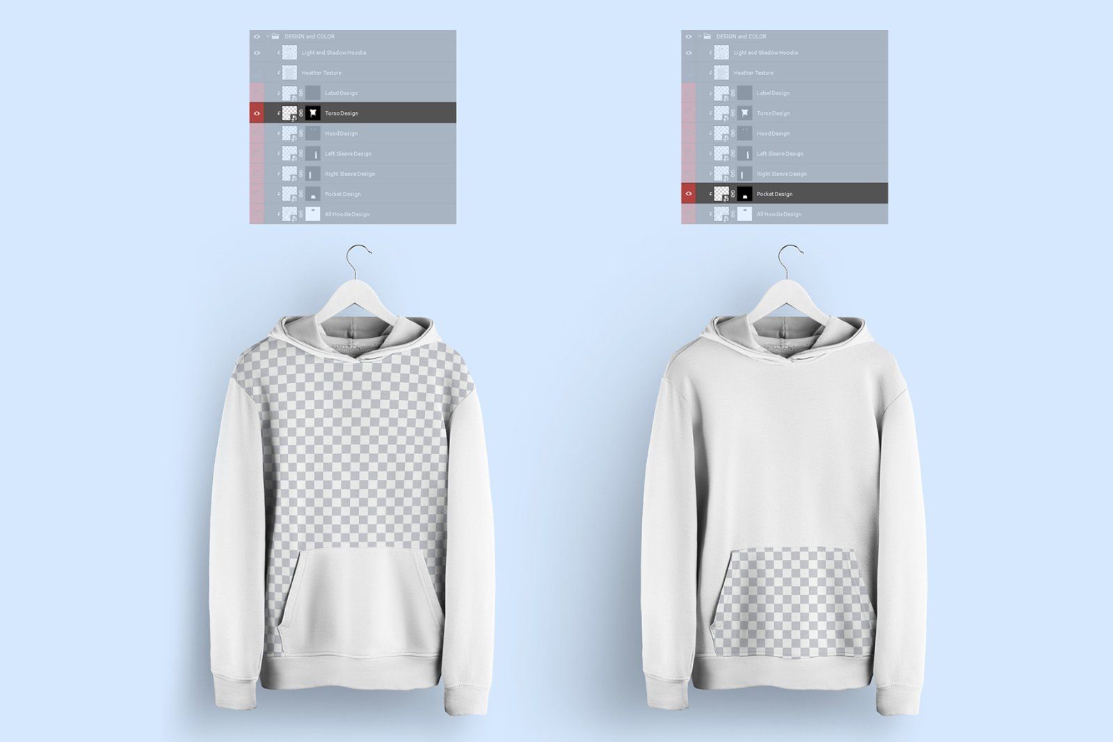 Front and Back Men Hoodie Mockup On 6 Different Hangers — image 7