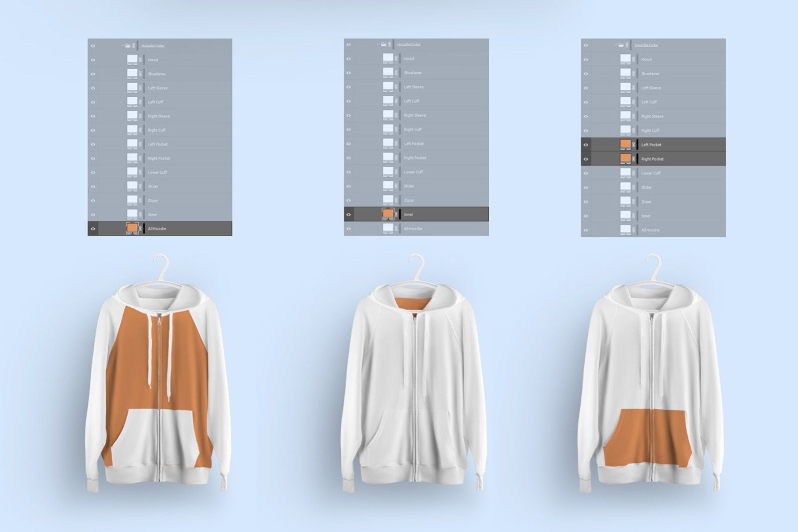 Front and Back Zip Hoodie Mockup On 6 Different Hangers — image 8