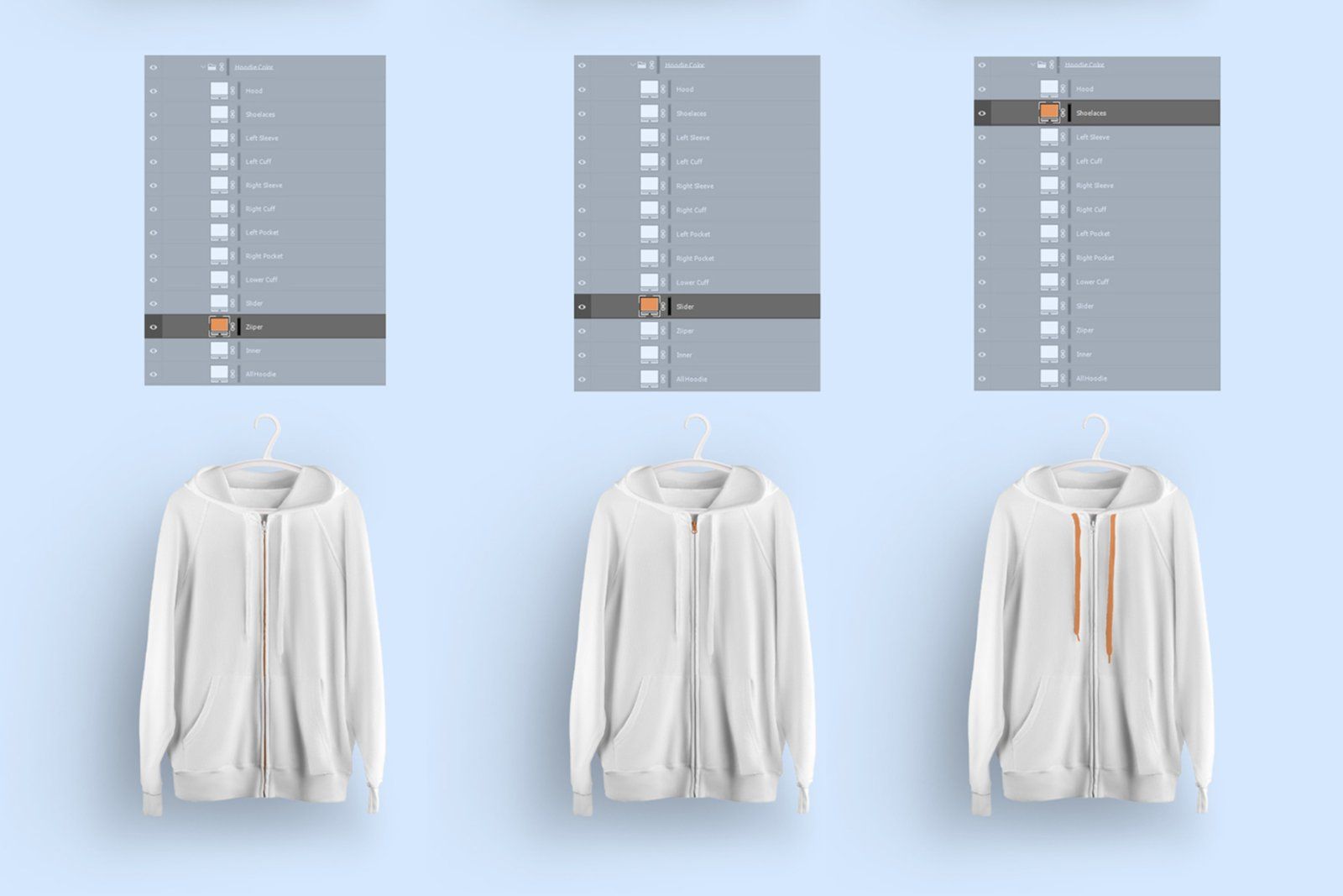 Front and Back Zip Hoodie Mockup On 6 Different Hangers — image 9