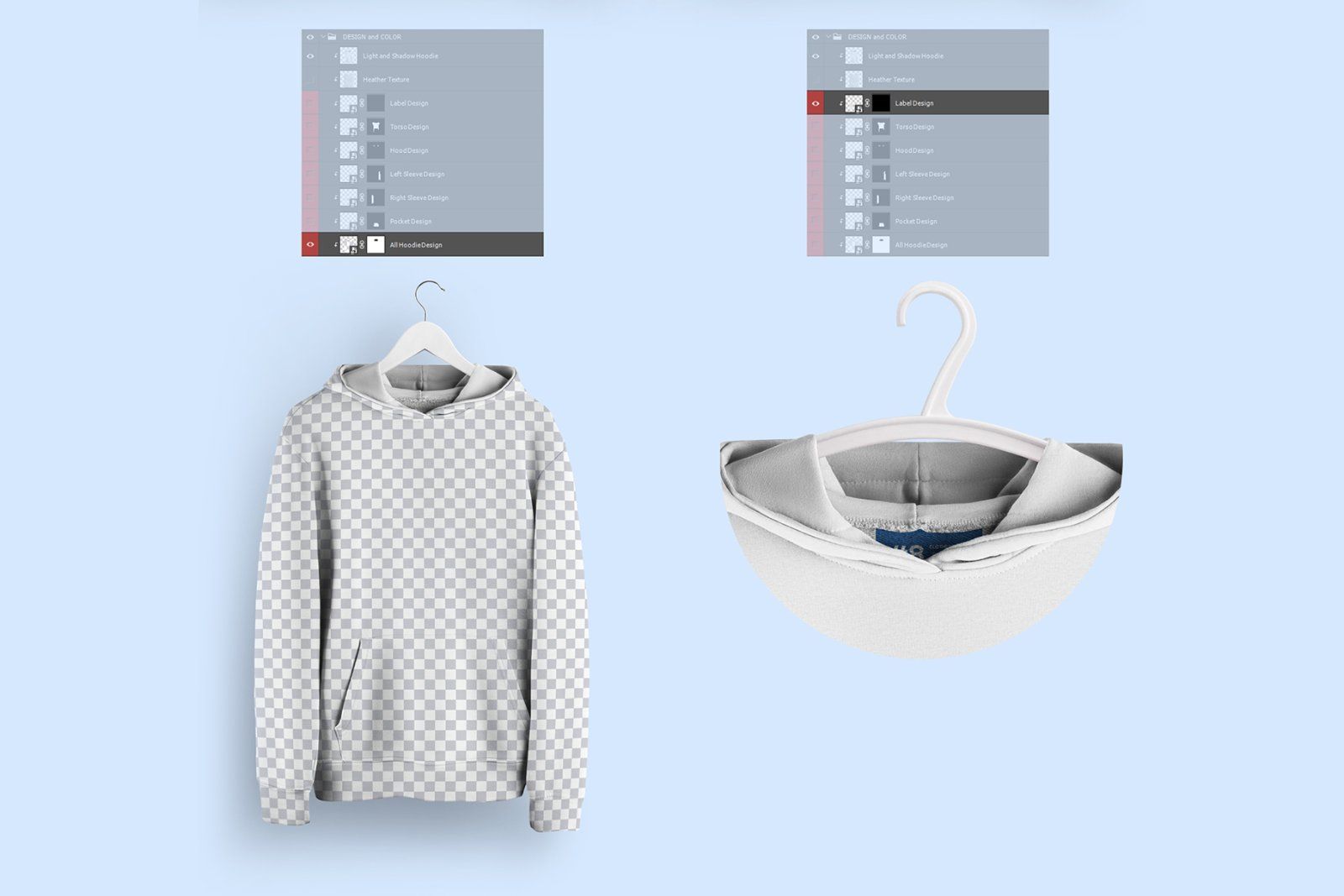 Front and Back Men Hoodie Mockup On 6 Different Hangers — image 9