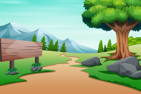 A trail to the mountain with empty road sign