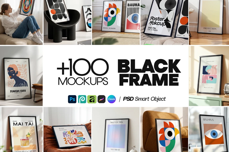 100 Black Frame Poster Mockup PSD Bundle, Wall Art & Poster Smart Object Template