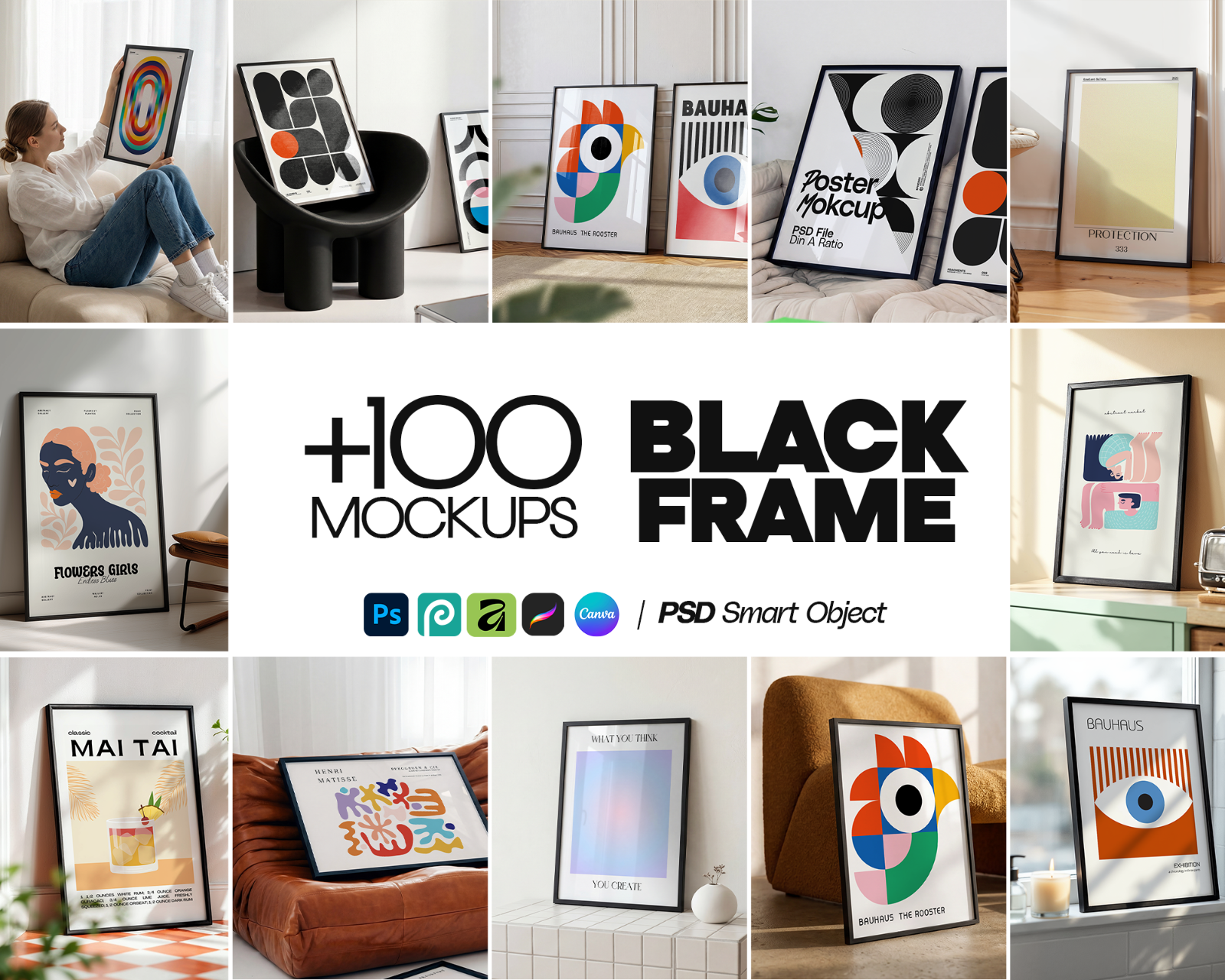100 Black Frame Poster Mockup PSD Bundle, Wall Art & Poster Smart Object Template