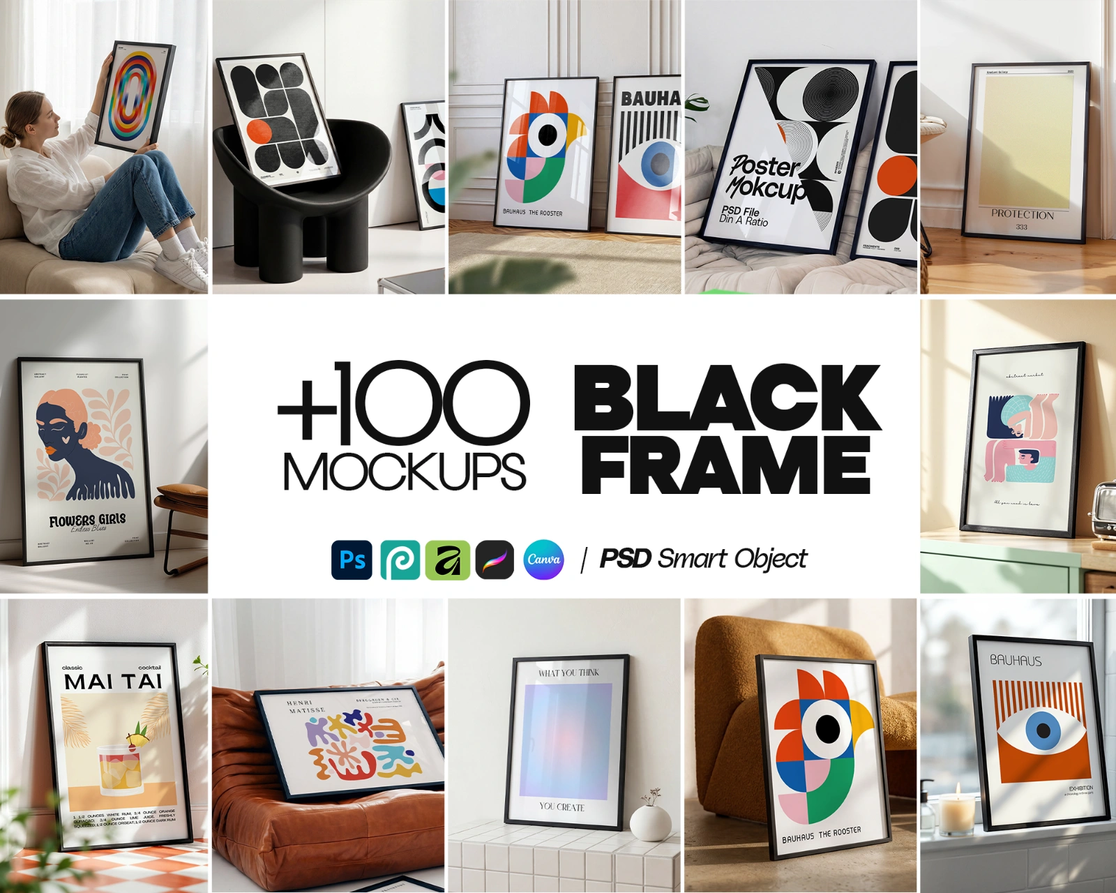 100 Black Frame Poster Mockup PSD Bundle, Wall Art & Poster Smart Object Template — image 1