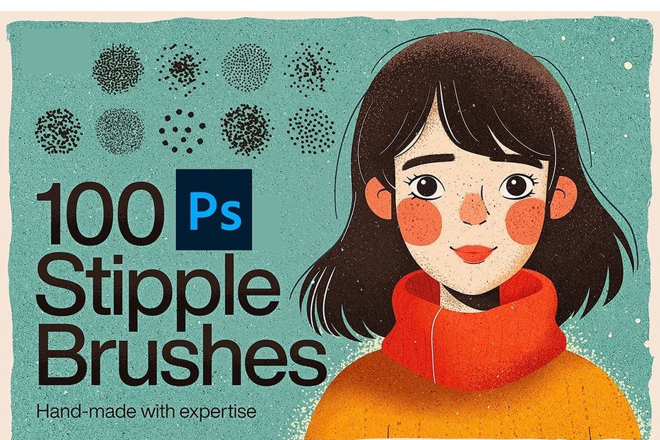 100 Premium Stipple and Grain  Brush set for  Photoshop, Texture Brush, Comic Book illustrations,