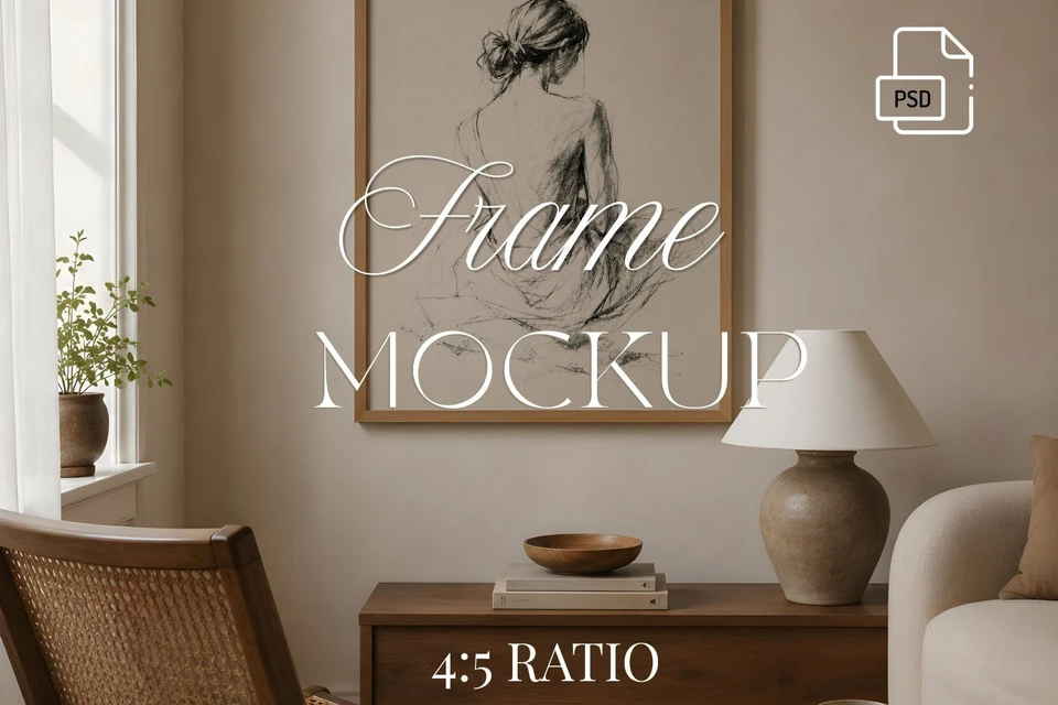 4x5 Frame Mockup, Modern Interior, Thin Oak Wooden Frame Mockup PSD, Editable Smart Object,
