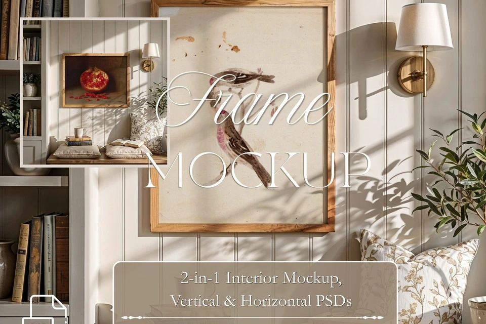 Set of 2 PSD files frame mockup, 5x4 ratio mockup, 4:5 Ratio portrait frame mockup, reading nook dec