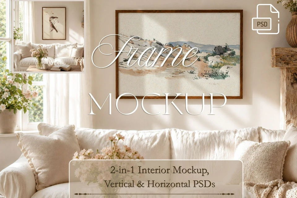 Boho Frame Mockup Bundle,3:4 Vertical Wood Frame & 3:2 Horizontal Thin Wood Frame