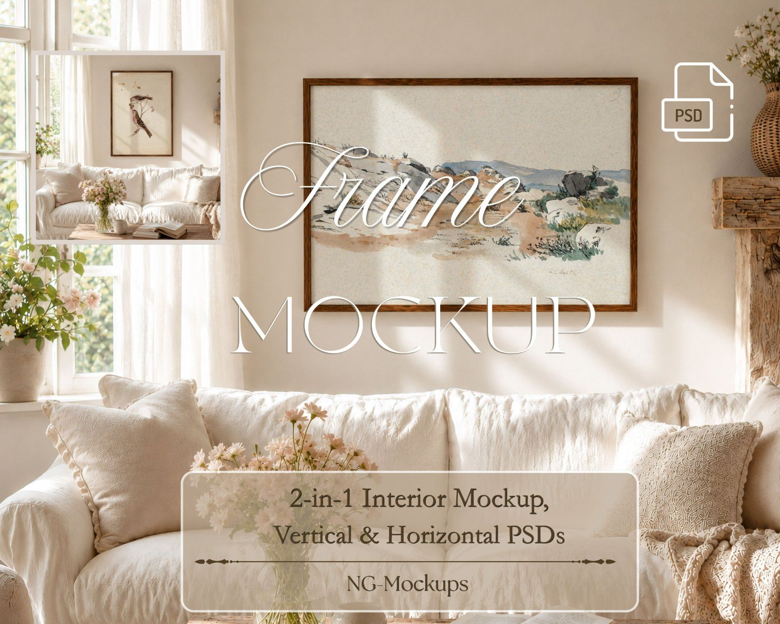 Boho Frame Mockup Bundle,3:4 Vertical Wood Frame & 3:2 Horizontal Thin Wood Frame