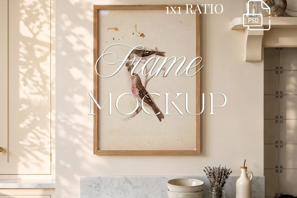 Vertical Frame Mockup, 2:3 Oak Wood Frame in Kitchen Interior,
