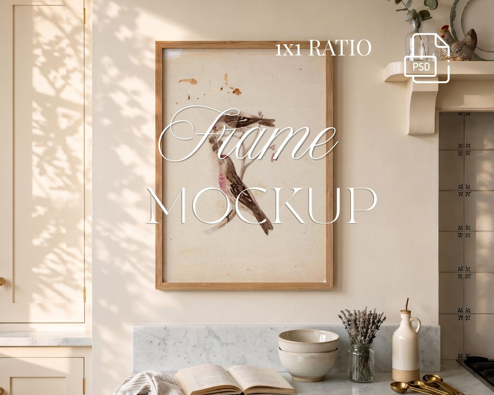 Vertical Frame Mockup, 2:3 Oak Wood Frame in Kitchen Interior,