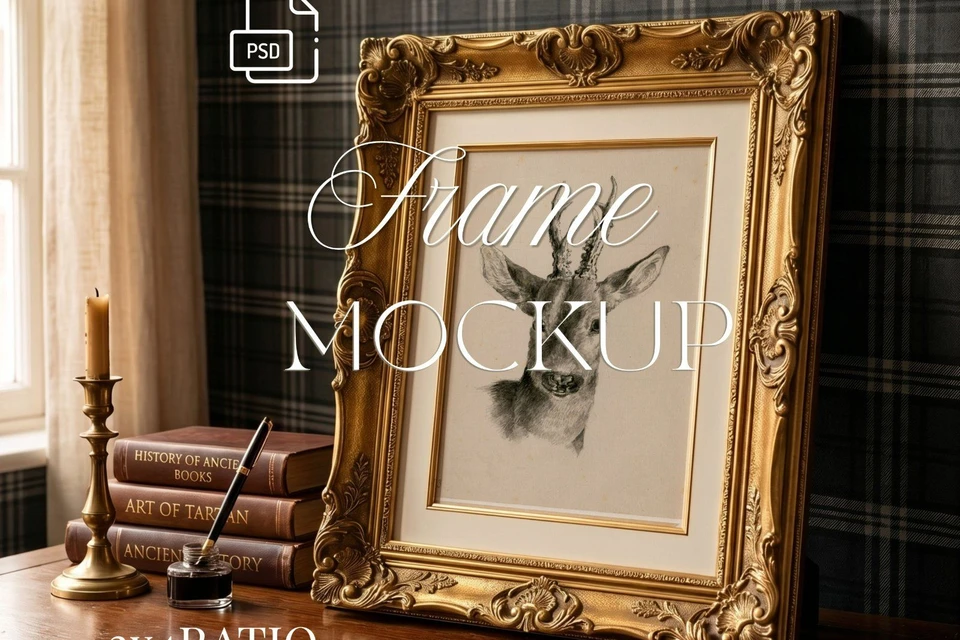 3:4 Gold Ornate Frame Mockup PSD, Vintage Antique Picture Frame Mockup, Editable Smart Object,