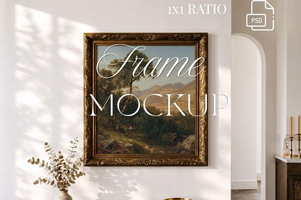 1:1 Square Frame Mockup, gold ornate frame on the wall in Farmhouse Interior,