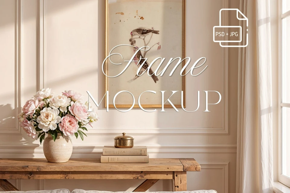 light wood frame in French interior, Vertical Art Display 3x4 ratio, editable PSD file,
