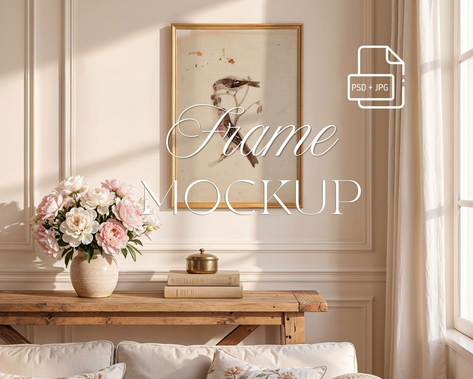 light wood frame in French interior, Vertical Art Display 3x4 ratio, editable PSD file,