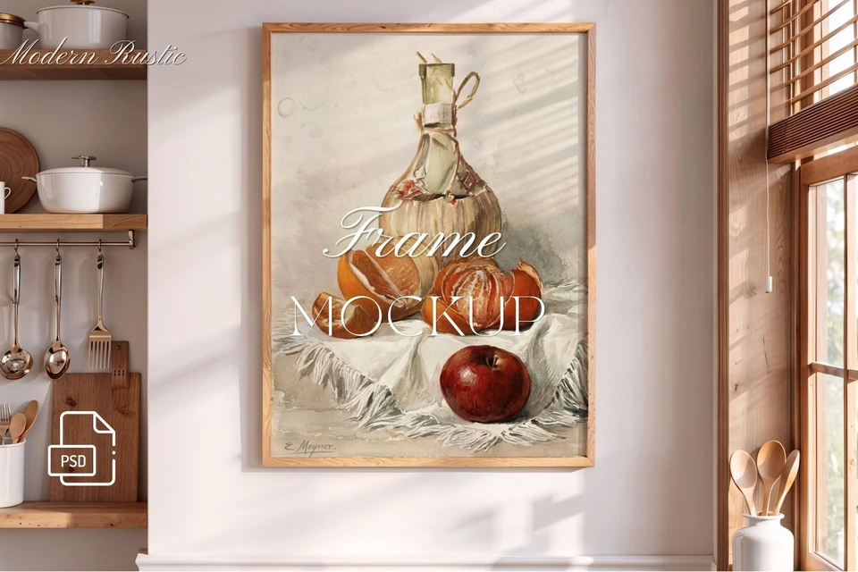 rustic wooden frame 3:4 Ratio PSD Mockup, Vertical Wood Frame PSD Realistic Shadows,