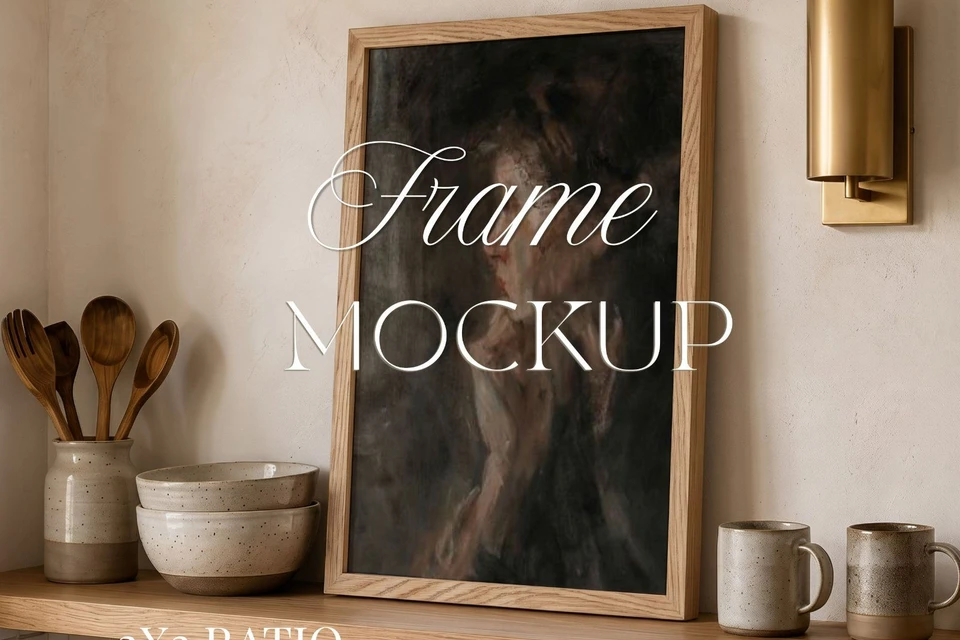 2X3 Frame Mockup, Thin Oak Frame Mockup on the kitchen shelf, Realistic PSD Template