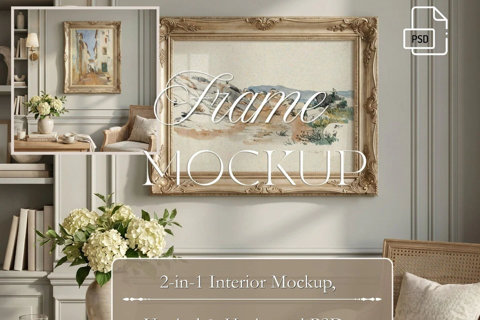 vintage gold frame mockup set, portrait frame 3x4 ratio and horizontal frame 4x3 ratio, photoshop an