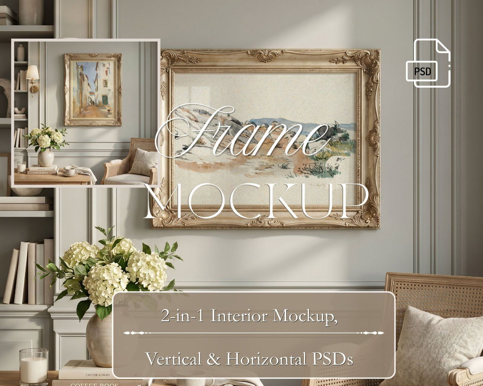 vintage gold frame mockup set, portrait frame 3x4 ratio and horizontal frame 4x3 ratio, photoshop an