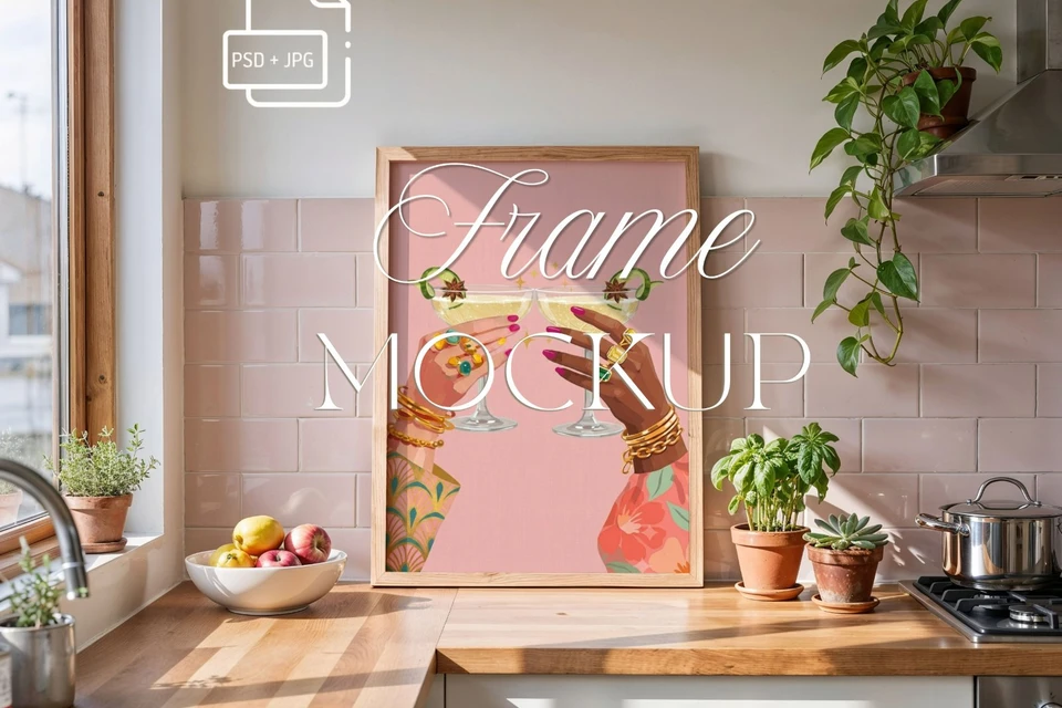 Kitchen Frame Mockup, Vertical 3x4 Ratio Frame on Wooden kitchen Counter mockup,