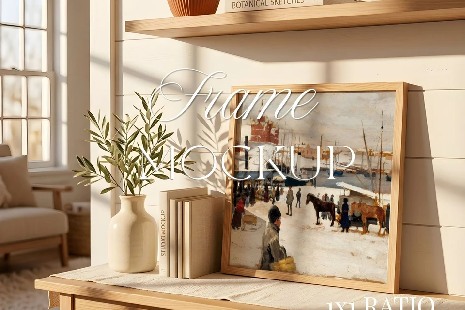 Square Frame Mockup, Thin Oak Frame in Farmhouse Interior, Leaning on the wall frame