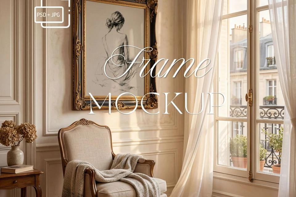 4x5 ornate frame mockup, baroque style frame PSD
