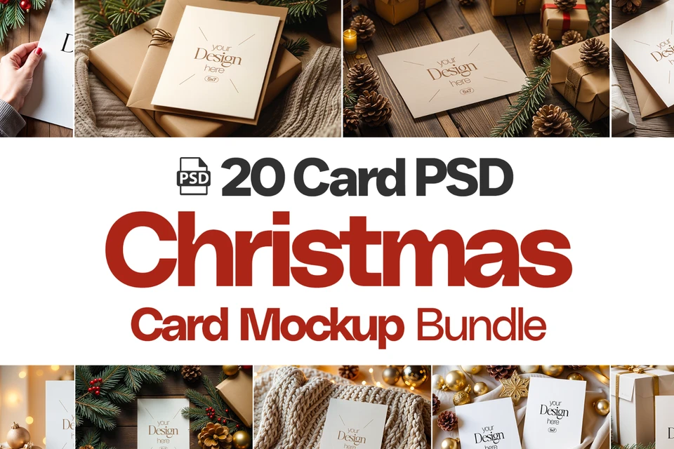 20 Christmas Card Mockup Bundle: White Blank Card PSD (Digital Download)