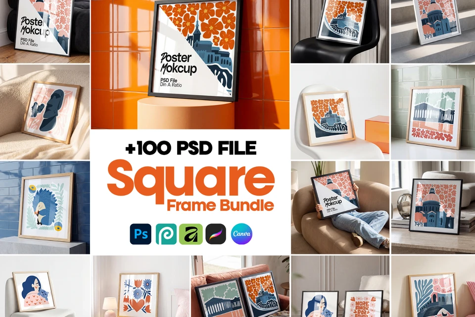 100 Square Frame Poster Mockups Bundle, PSD Smart Object Template