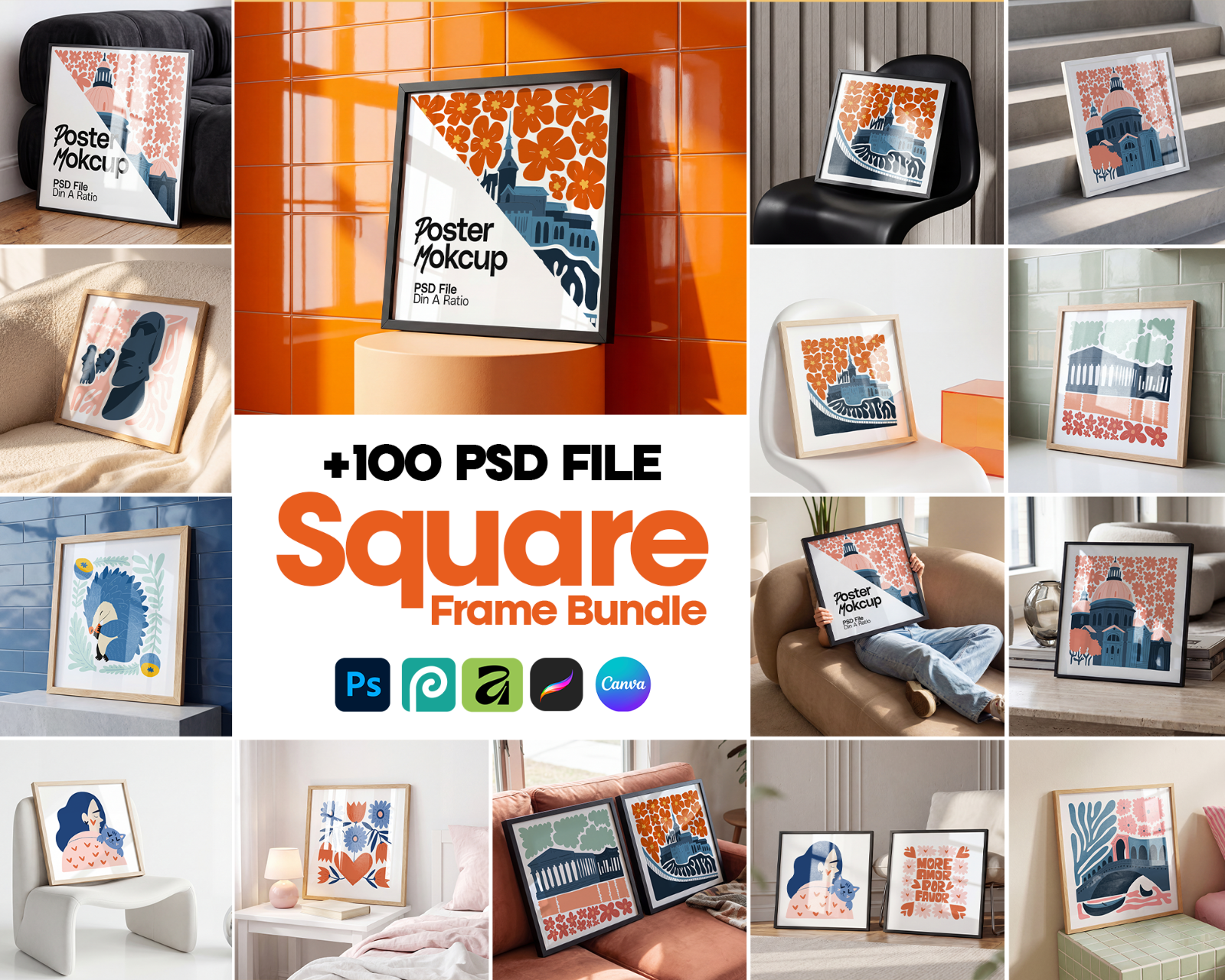 100 Square Frame Poster Mockups Bundle, PSD Smart Object Template