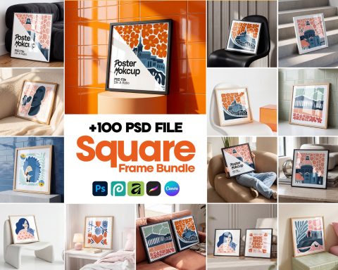 100 Square Frame Poster Mockups Bundle, PSD Smart Object Template