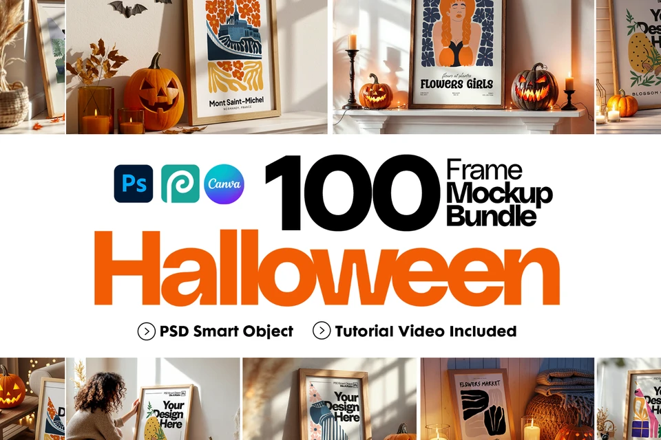 Halloween Frame Mockup Bundle: Rustic Autumn Wall Art Display (100 PSD Files)