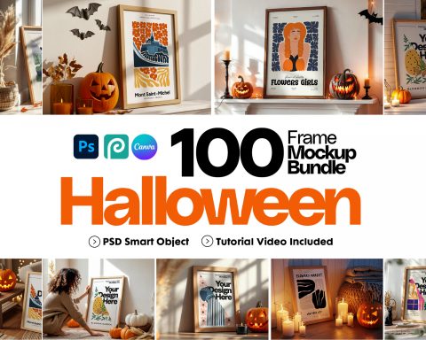 Halloween Frame Mockup Bundle: Rustic Autumn Wall Art Display (100 PSD Files)