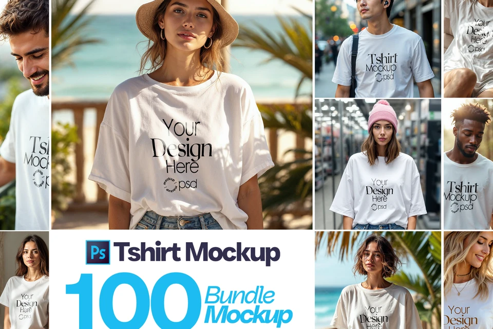 100 T-Shirt Mockup PSD Bundle – Gildan 64000 & Bella Canvas 3001 for Print on Demand