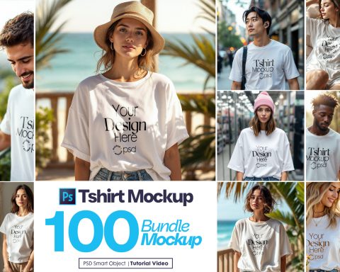 100 T-Shirt Mockup PSD Bundle – Gildan 64000 & Bella Canvas 3001 for Print on Demand