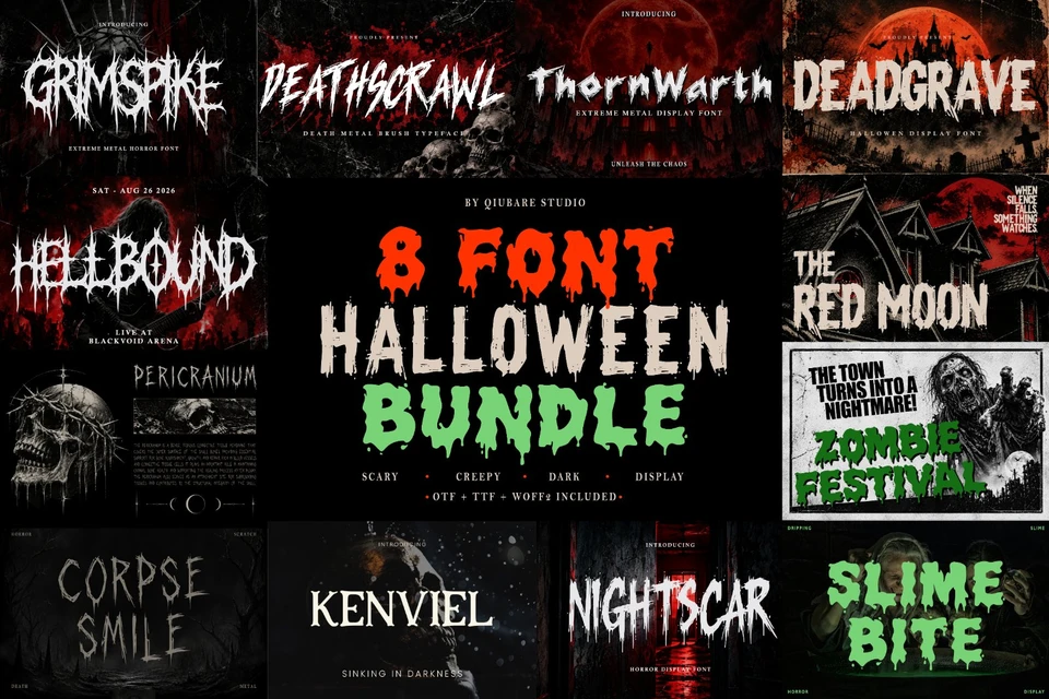 Halloween Horror Fonts Bundle, Extreme Metal Font Collection, Scary Display Typefaces for Posters