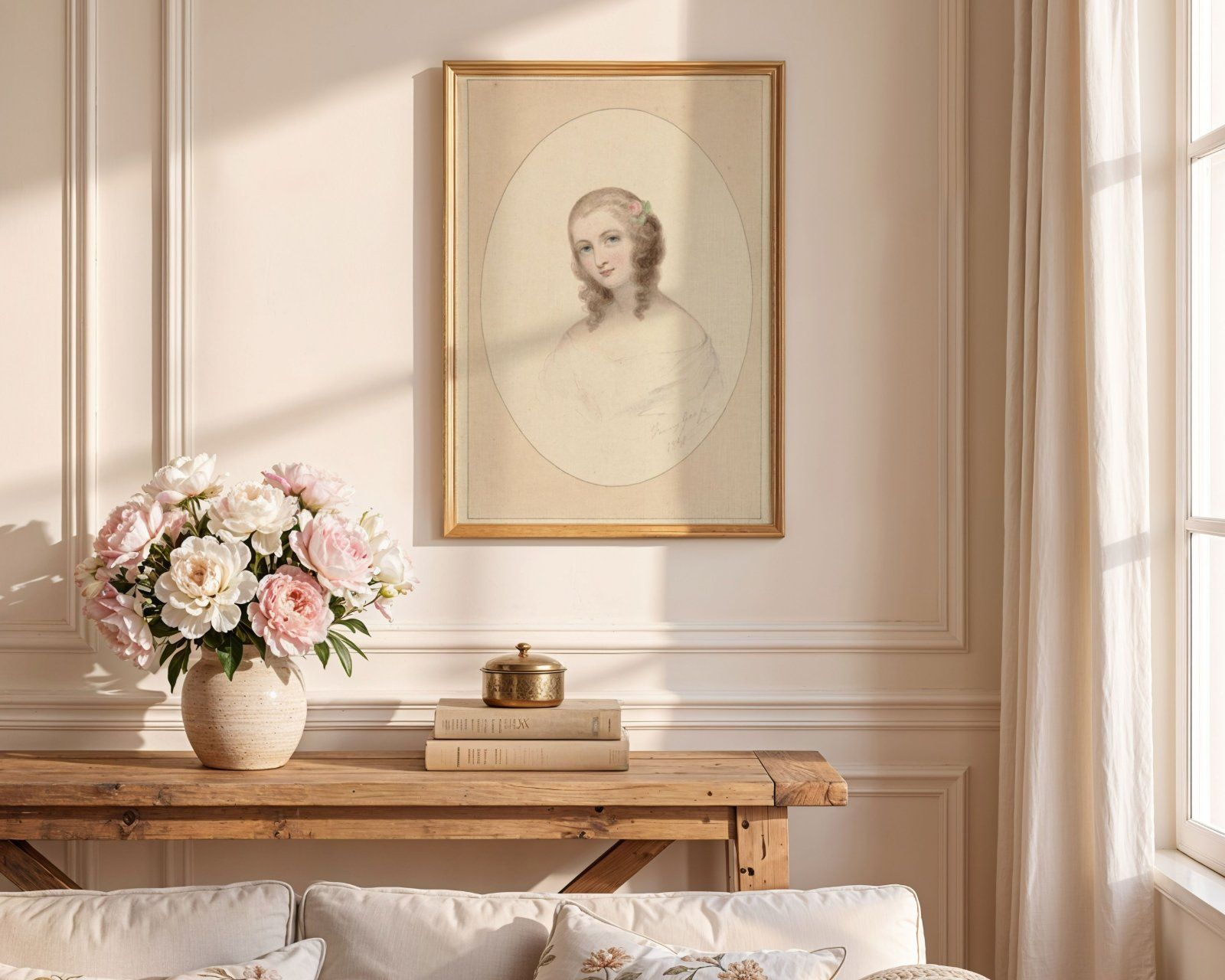 light wood frame in French interior, Vertical Art Display 3x4 ratio, editable PSD file,
