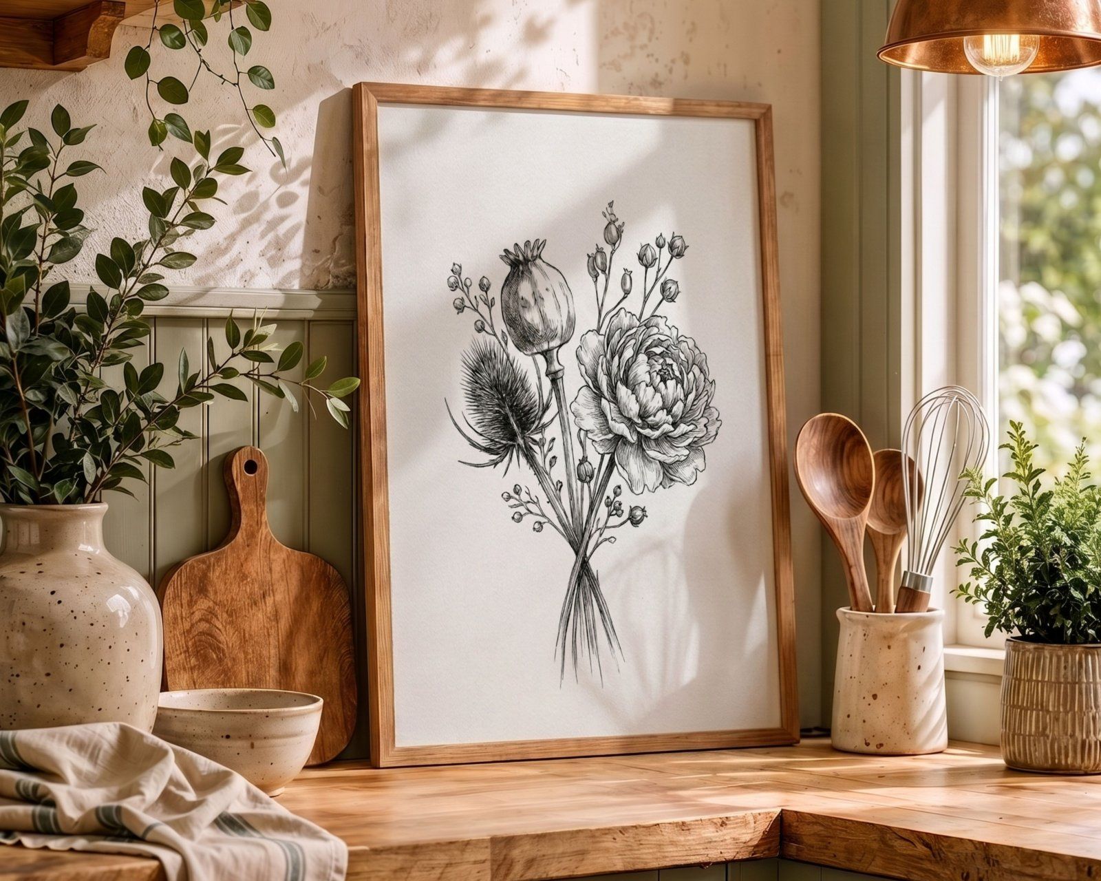 country cottage kitchen 3x4 ratio frame mockup, wooden frame on the counter mockup,