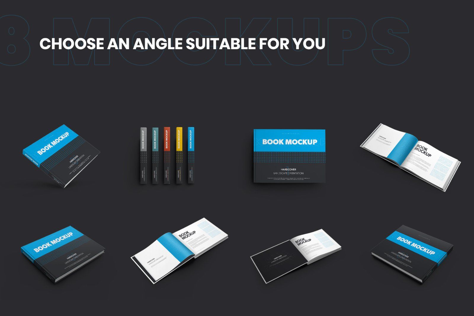 8 Book Mockups Hard Cover Landscape Oriantation
