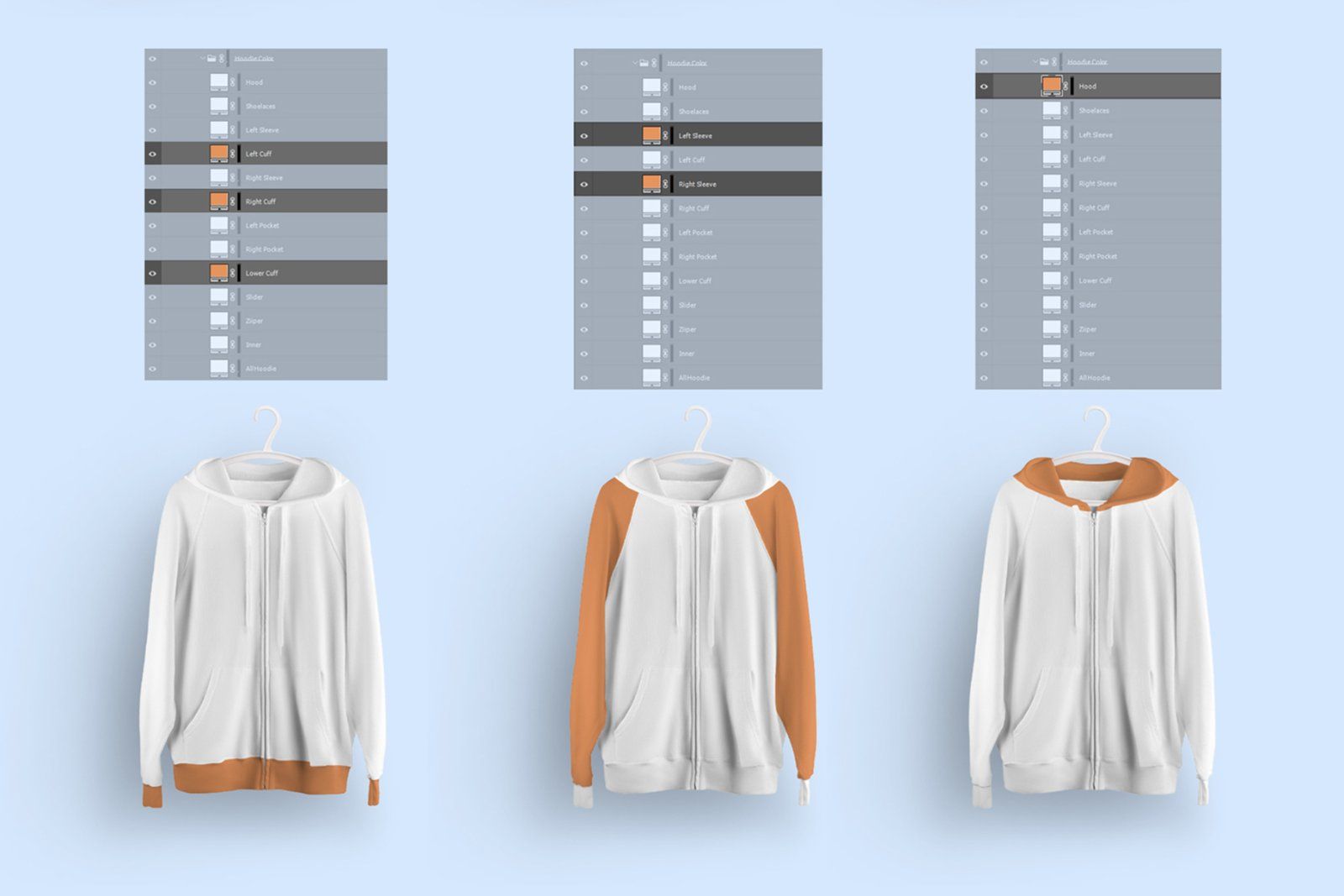 Front and Back Zip Hoodie Mockup On 6 Different Hangers — image 10