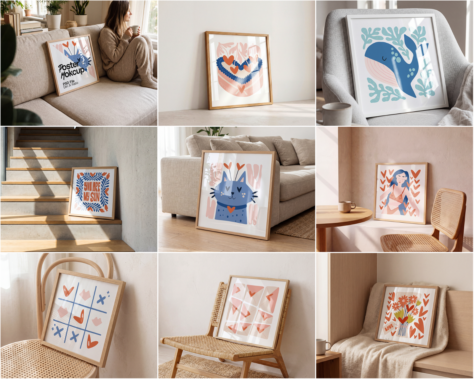 100 Square Frame Poster Mockups Bundle, PSD Smart Object Template