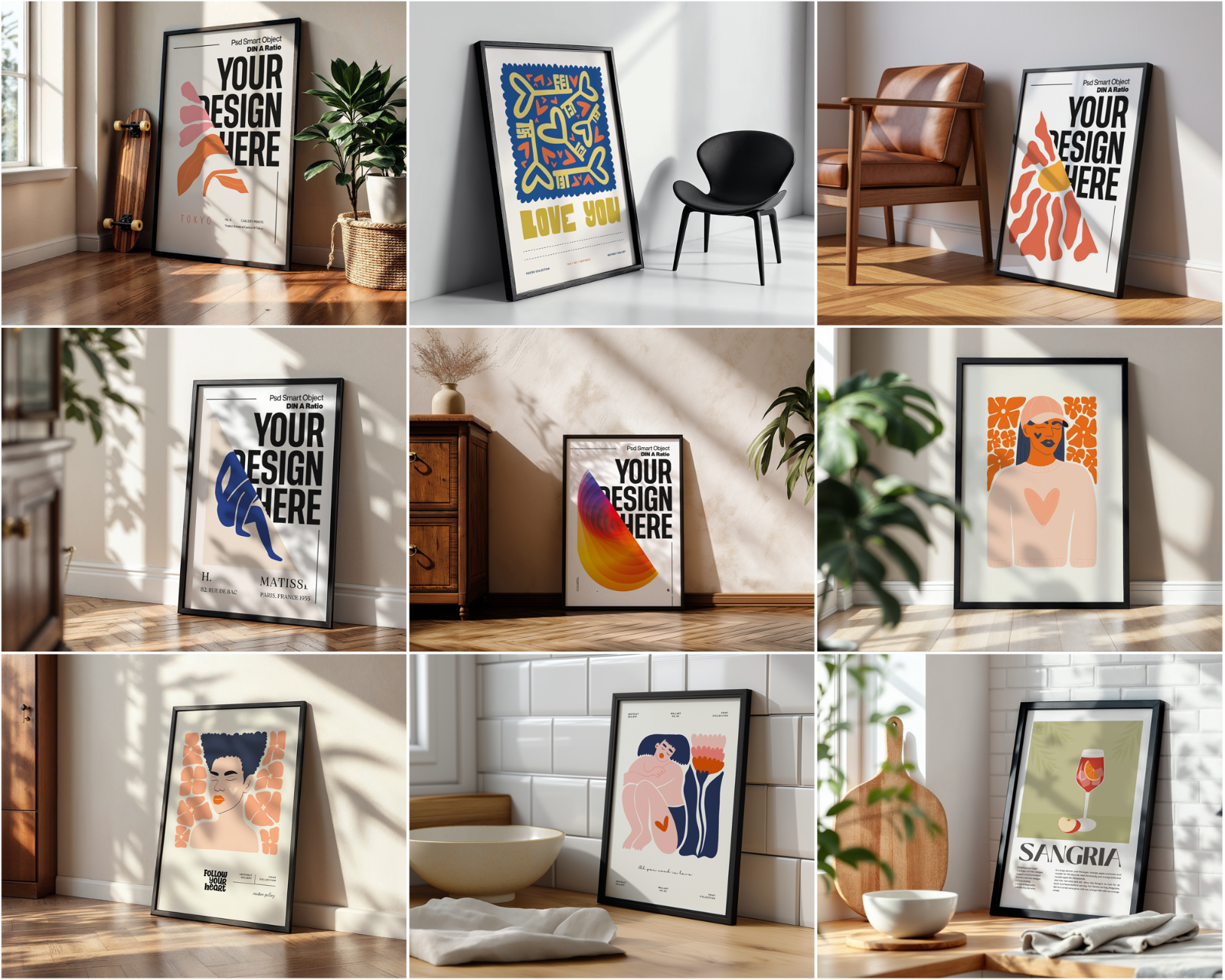 100 Black Frame Poster Mockup PSD Bundle, Wall Art & Poster Smart Object Template