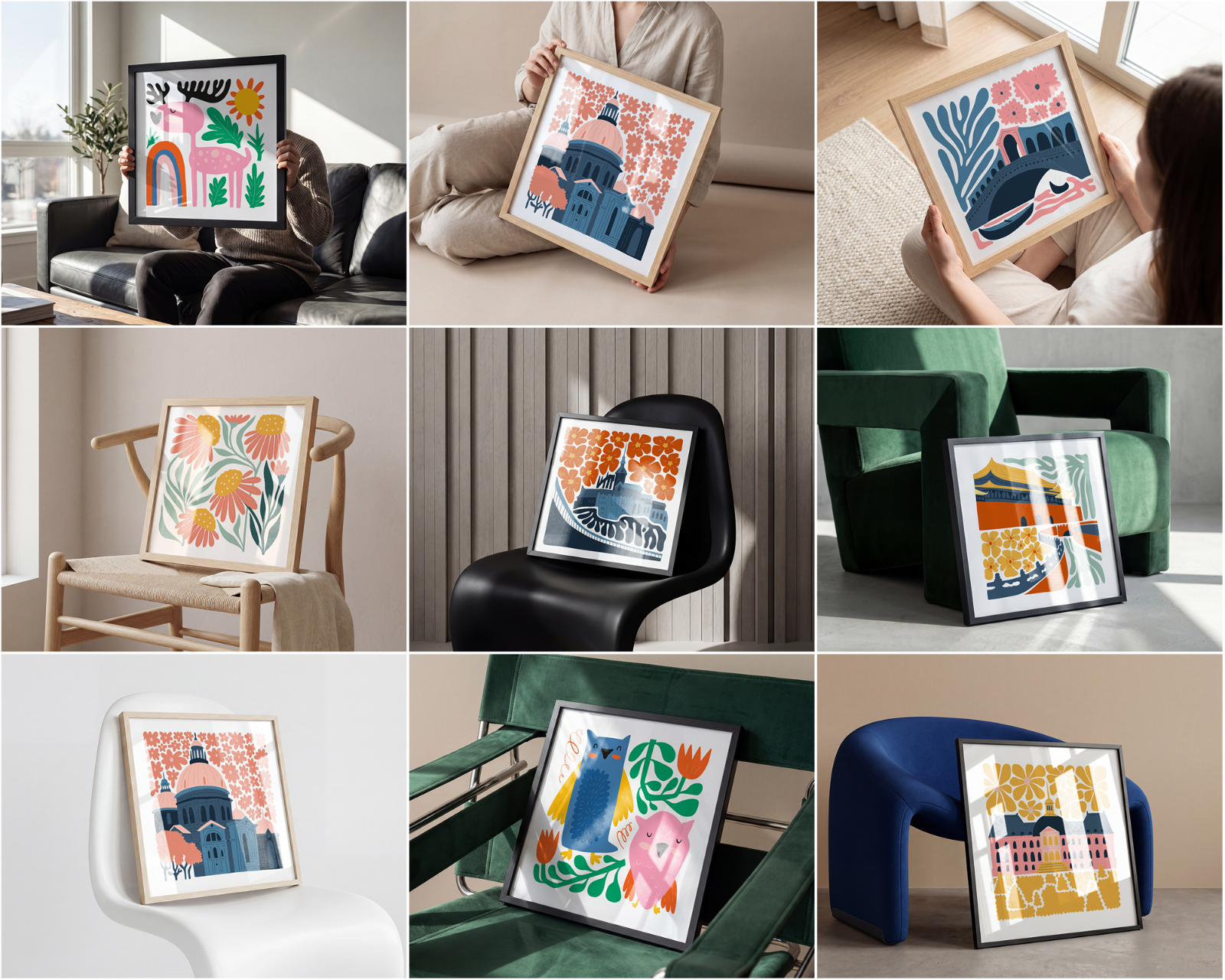 100 Square Frame Poster Mockups Bundle, PSD Smart Object Template